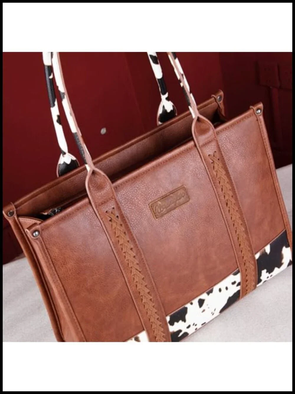 Large Cow Print Tote Bag with Whipstitch Detail Faux Leather Satchel Purse